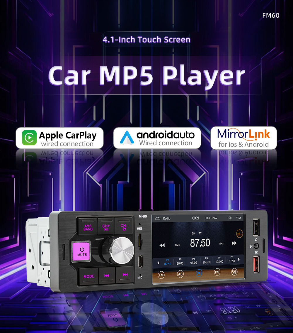 4.1inch Single-DIN Wired CarPlay Car MP5 Player Bluetooth Reversing Car Center Console Radio 12V