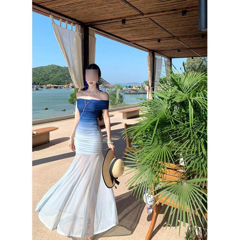 One-Shoulder Mesh Gradient Multi-Wear Tube Top Design Dress for Women, New Summer Style, Waist-Cinching, Slim-Fitting, Hip-Hugging Long Dress