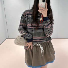 跨境外贸正确版MIU缪家蓝灰红条纹圆领宽松长袖T恤打底衫男女