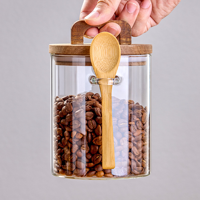 Granos de café con cucharas, frasco de vidrio sellado, tanque de almacenamiento de café en polvo, lata de té, caja de almacenamiento de granos
