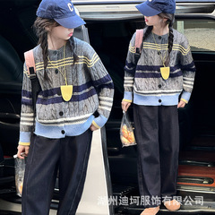 跨境女童春秋小香风毛衣2025秋装新款条纹儿童针织开衫外套中大童