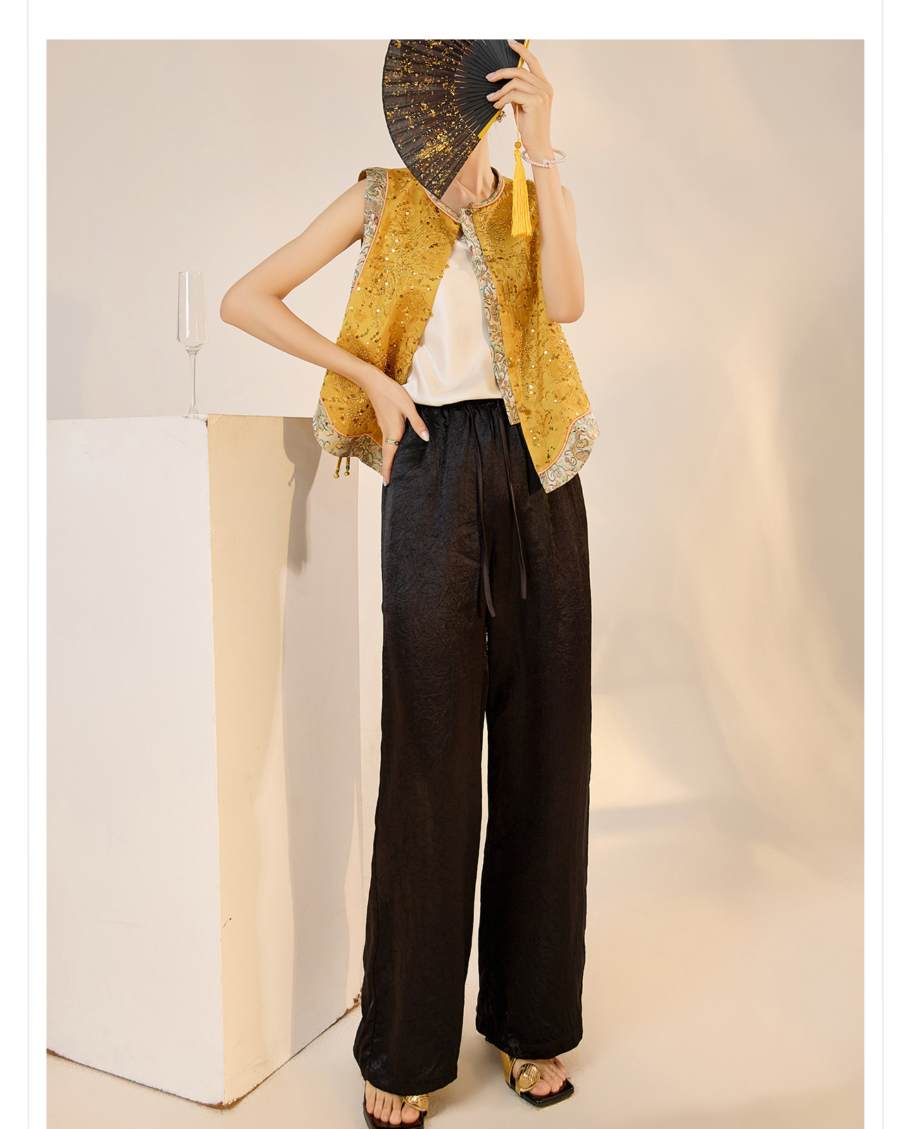 Áo vest gile nữ phong cách retro Tân Trung Hoa, cổ đứng, thêu đính hạt cườm tinh xảo — Vàng chanh chi tiết 17