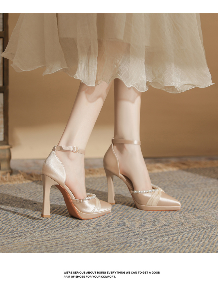 Sandal cao gót nữ Jin Gang YY10506 mũi nhọn hở mũi gót thô đế chống nước — Màu sâm panh chi tiết 16