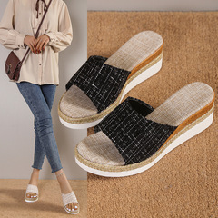 wish亞馬遜新款坡跟拖鞋女2023年新款魚嘴厚底中跟歐美一字涼拖鞋