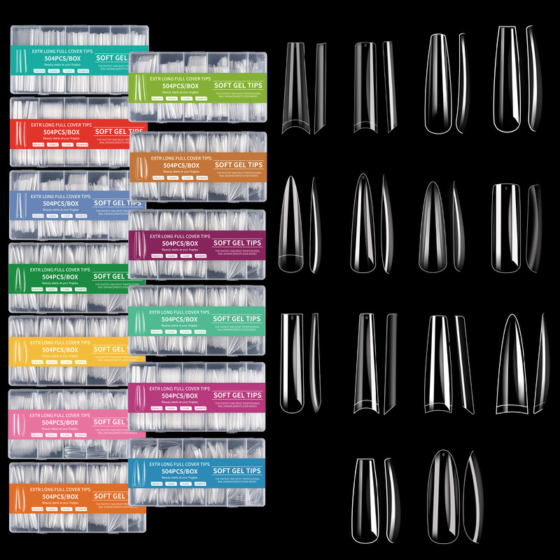 Cross-border wearable manicure long tube nail patches, 504 pieces in a box, transparent full-cover extra-long denim nails