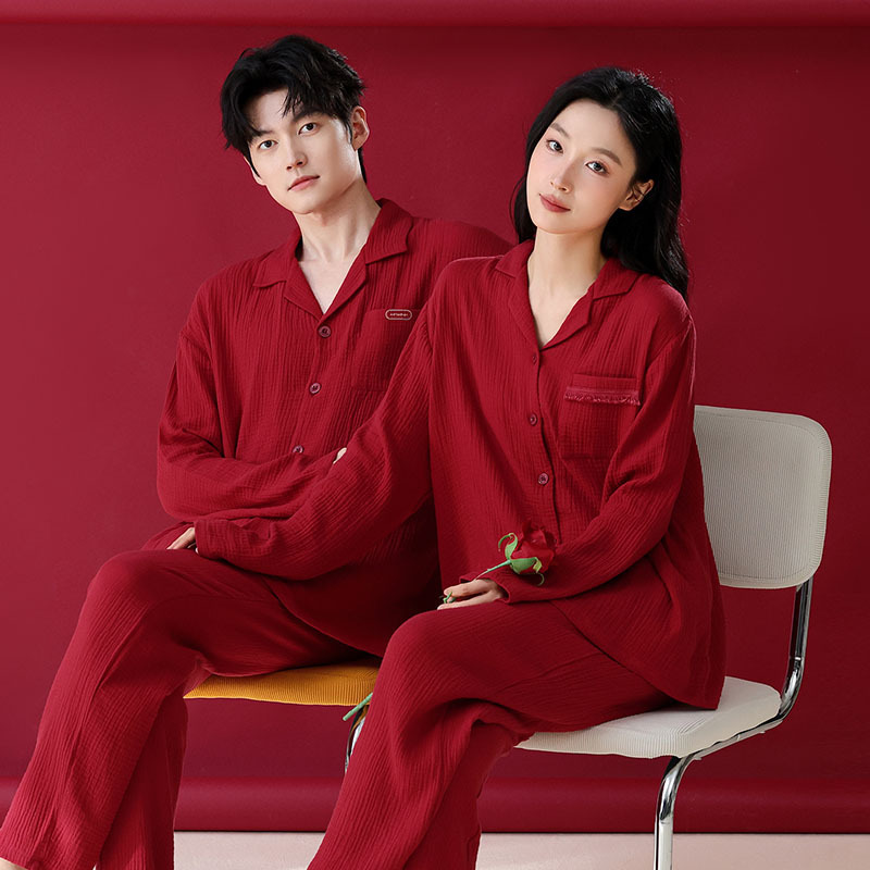 Couple's pajamas, spring and autumn style, pure cotton, long-sleeved, long-pants, red, for newlyweds, auspicious for the zodiac year, festive, collared, cardigan style, home wear Couple's pajamas, spring and autumn style, pure cotton, long-sleeved, long-pants, red, for newlyweds, auspicious for the zodiac year, festive, collared, cardigan style, home wear
