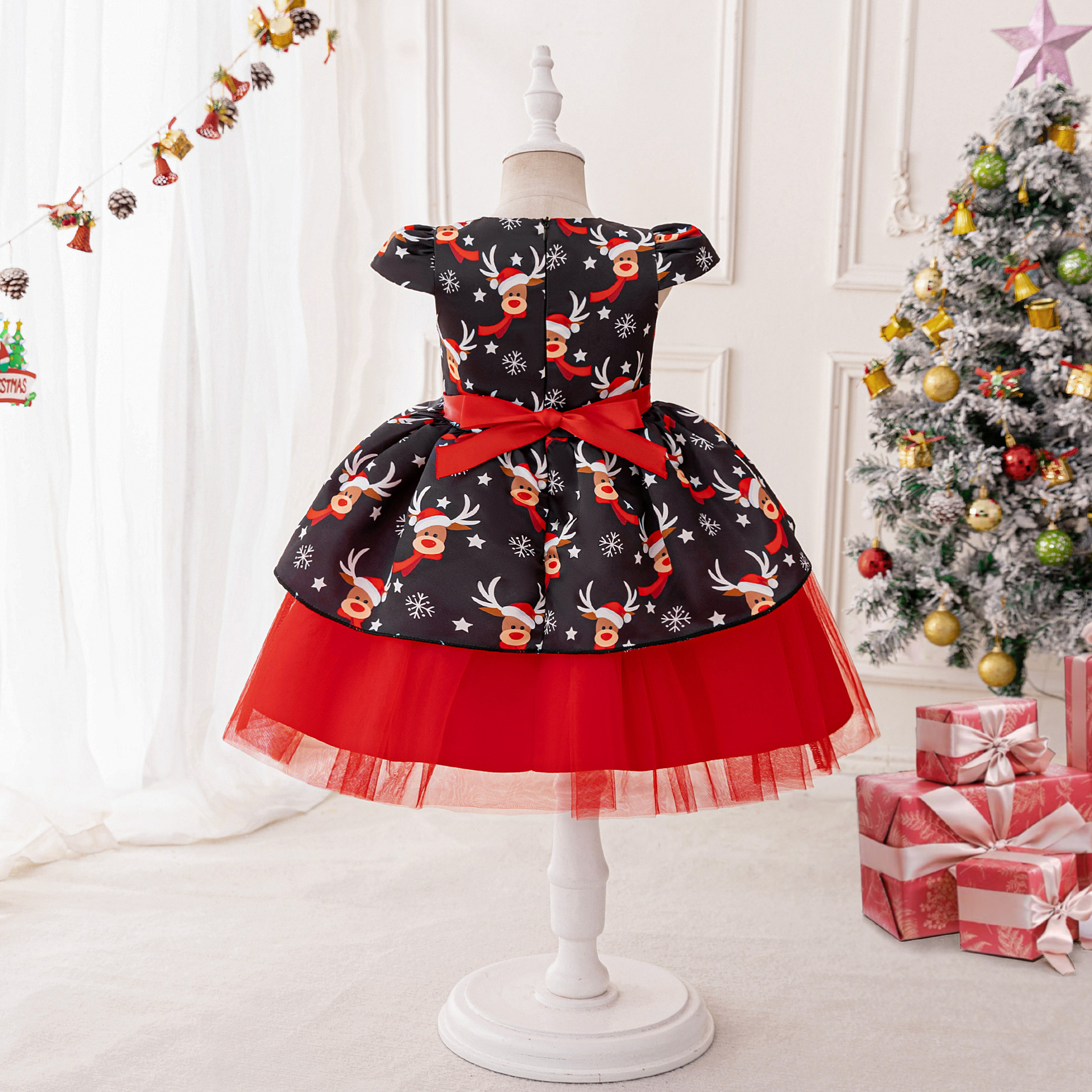 Vestido infantil de Navidad niñas mangas de dibujos animados princesas de vacaciones vestido de impresión de ciervo vestido de espectáculo image 4