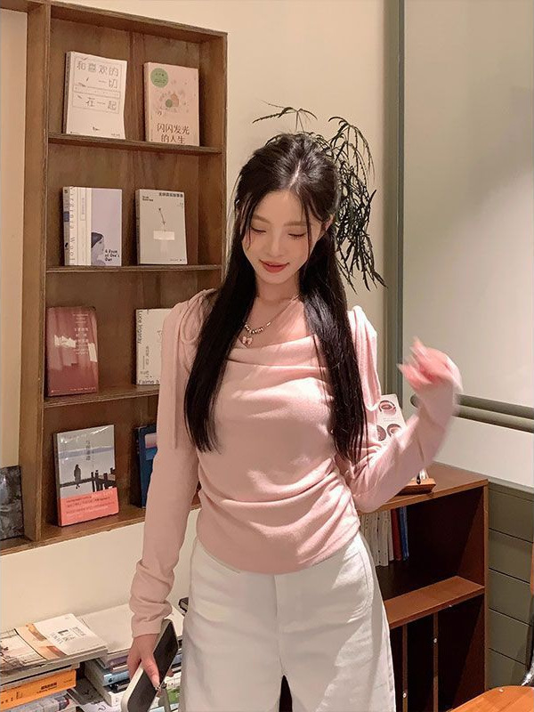 韩系纯欲风一字肩荡领粉色打底衫女秋气质减龄系带蝴蝶结T恤上衣|undefined
