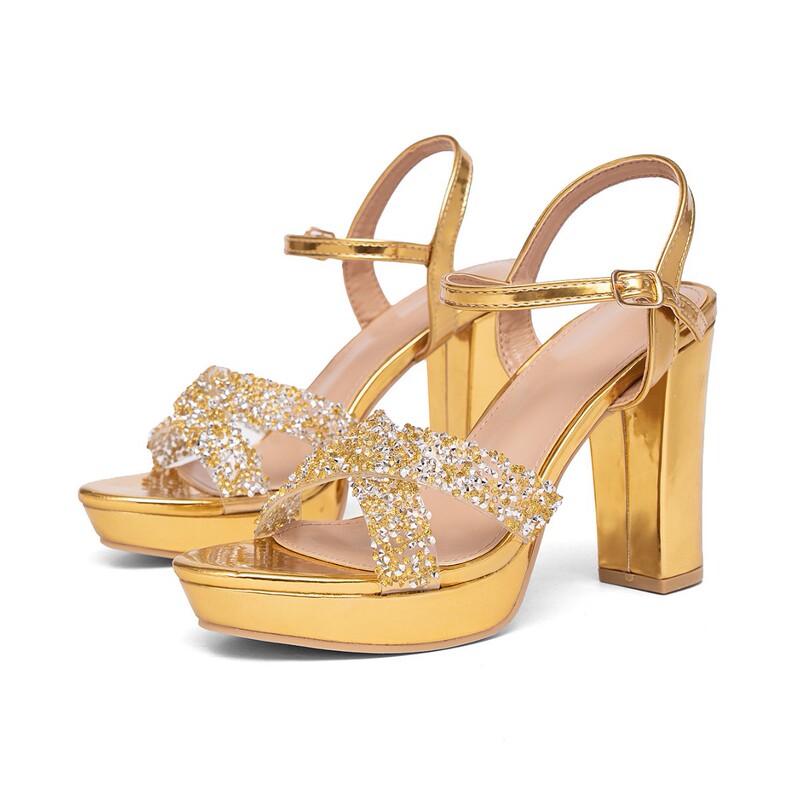 Summer Hot Sale Waterproof Platform Sandals with Rhinestones, Cross-Strap Chunky Heels, Thick Soles, Women's Party Shoes Wholesale