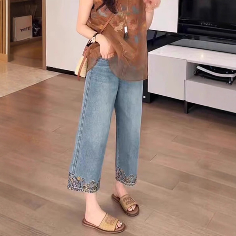 Plus Size Retro Blue Eight-Point Jeans for Women Summer Thin Fat mm Loose High-Waist Slim Straight Wide-Leg Pants