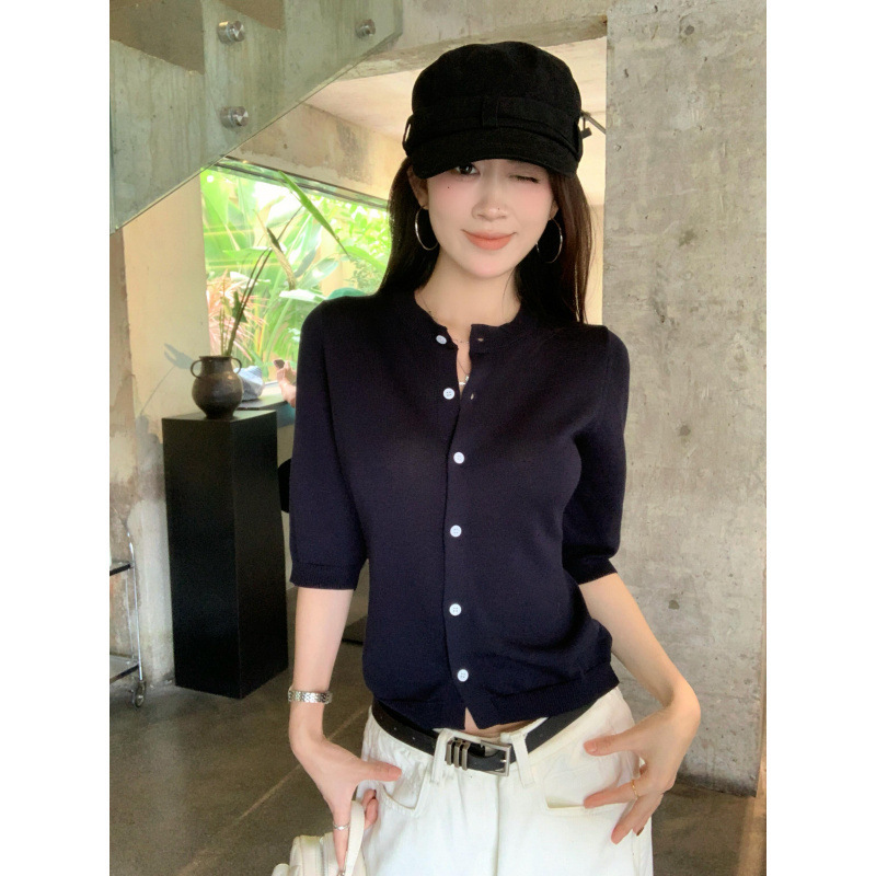 温柔韩系中袖圆领显瘦中袖短款针织开衫女上衣|undefined