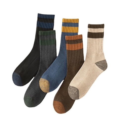Men's winter socks, thickened soles, terry mid-tube socks, upper tube, two bars, men's socks, toe and heel, color matching, men's stockings, thick
