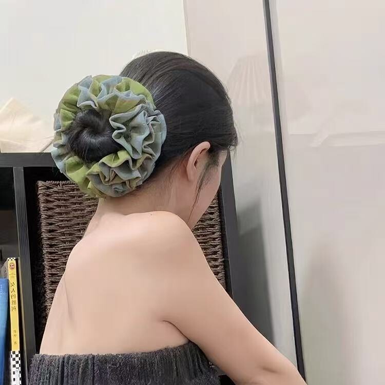 法式原野绿拼色褶皱绣球发圈发饰发绳头花百搭气感马尾丸子头绑发|undefined