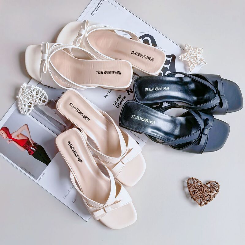 Women's Slippers 2026 Summer New French Style Bow Square Toe Chunky Heel Single Strap Sandals High Heels for Women