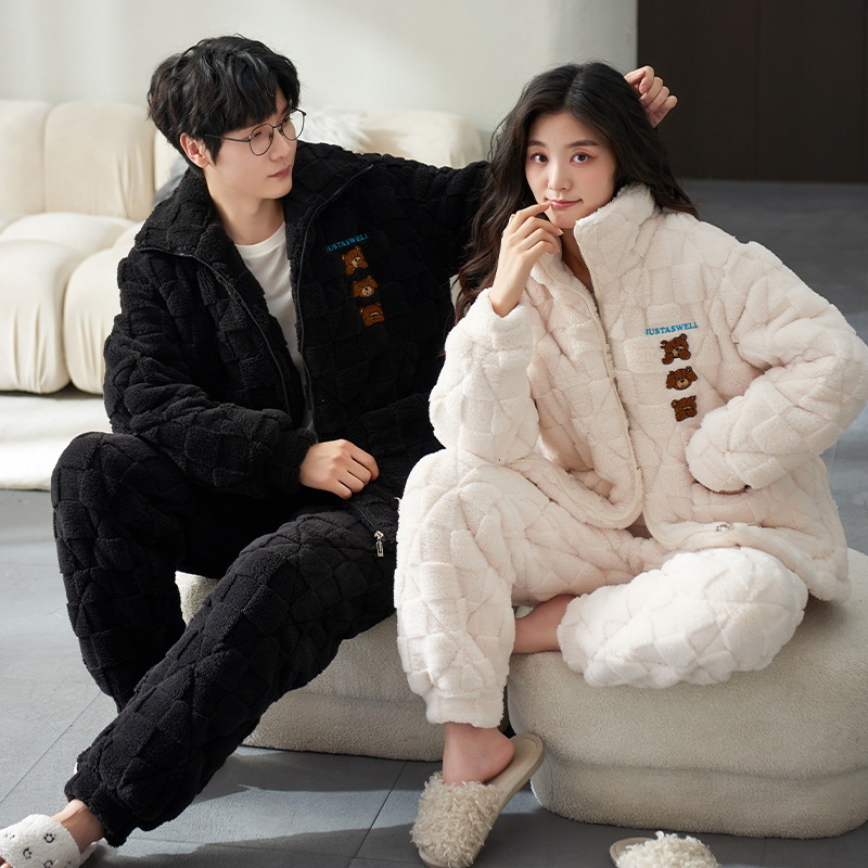 Pijamas acolchados de algodón para pareja de invierno de los hombres de tres capas engrosadas cálidas de las mujeres más el tamaño simple casual Otoño e Invierno traje de desgaste para el hogar