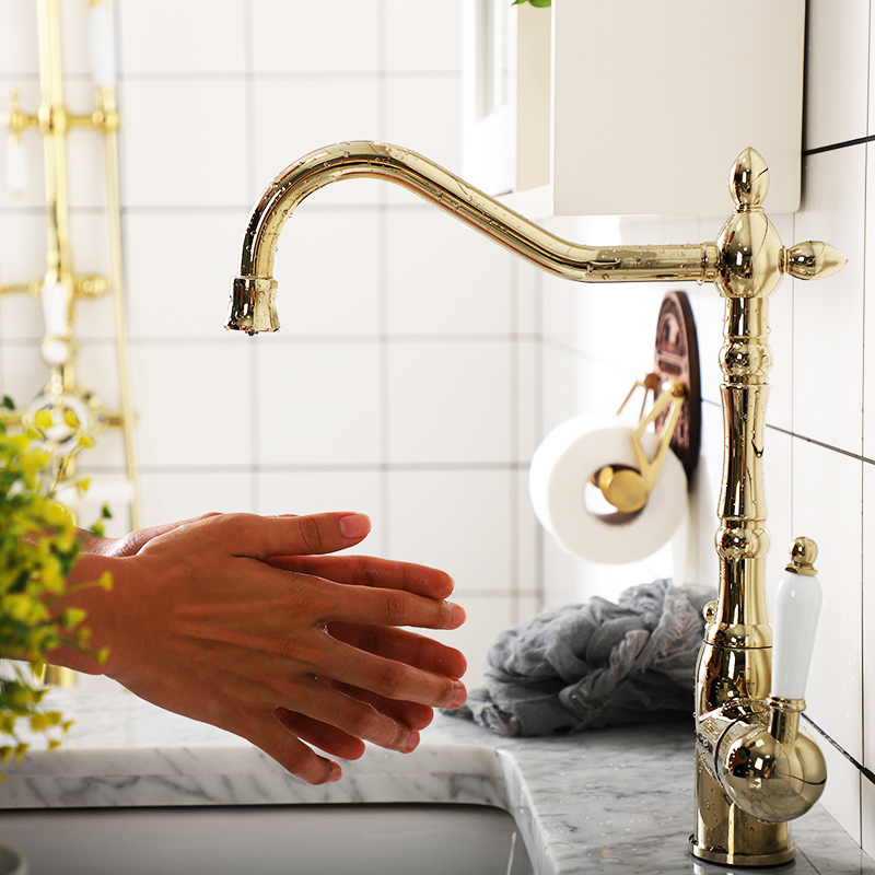 。 Cross-Border Retro European Ceramic Sink Kitchen Faucet Three-In-One Hot and Cold Splash-Proof Rotating Water Purification Zirconium Gold 。 Cross-Border Retro European Ceramic Sink Kitchen Faucet Three-In-One Hot and Cold Splash-Proof Rotating Water Purification Zirconium Gold