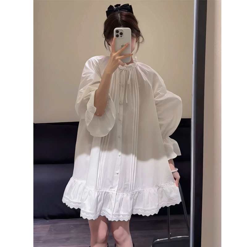 High-End Elegant Lace Splicing Lantern Sleeve Dress for Women 2025 Autum French Style Loose Slimming Look Short Skirt