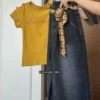 Yellow jeans, set, with short sleeve