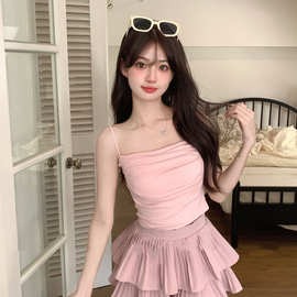 纯欲性感显胸大褶皱吊带美背背心带胸垫裹胸修身打底无袖抹胸上衣