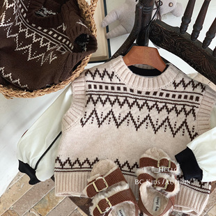 Children's Sweater Bangcheng 2025 Autumn New Knitted Pullover Jacquard Wool Vest Round Neck Vest My0036