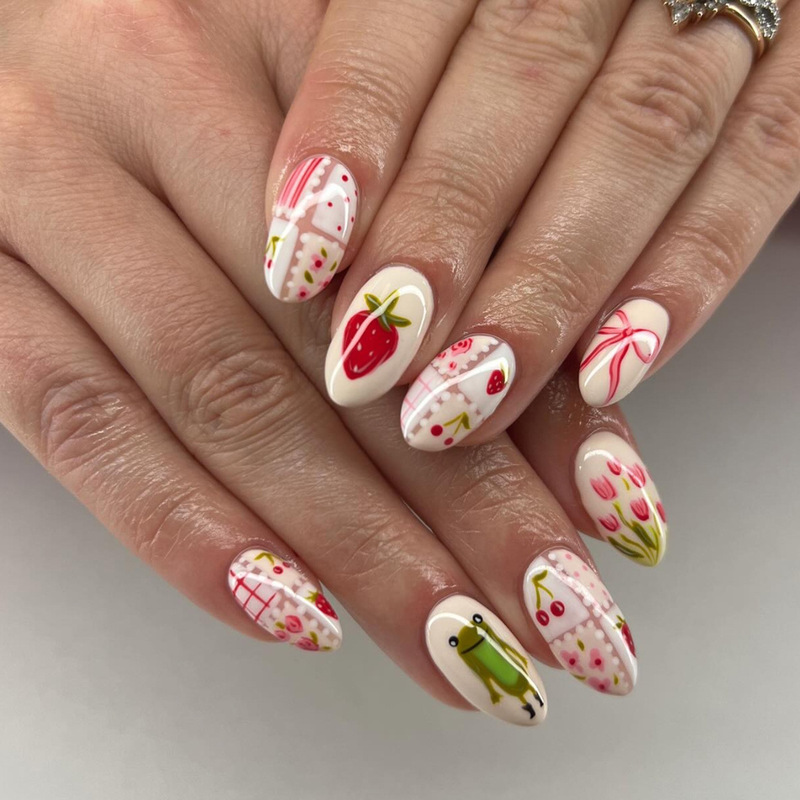 Foreign Trade Sweet Strawberry Bow Cartoon European and American Ins Style Removable Wearable Nails Press on Nails