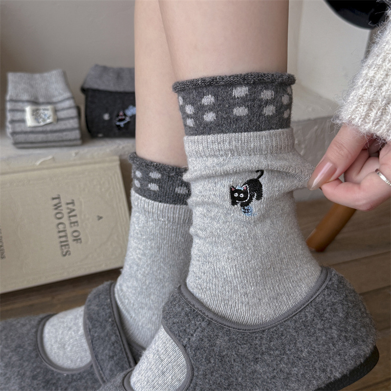 Gray Autumn and Winter New Sheep Wool Embroidered Soft Striped Mid-Calf Socks Korean Polka Dot Socks Women's Slouch Socks Gray Autumn and Winter New Sheep Wool Embroidered Soft Striped Mid-Calf Socks Korean Polka Dot Socks Women's Slouch Socks