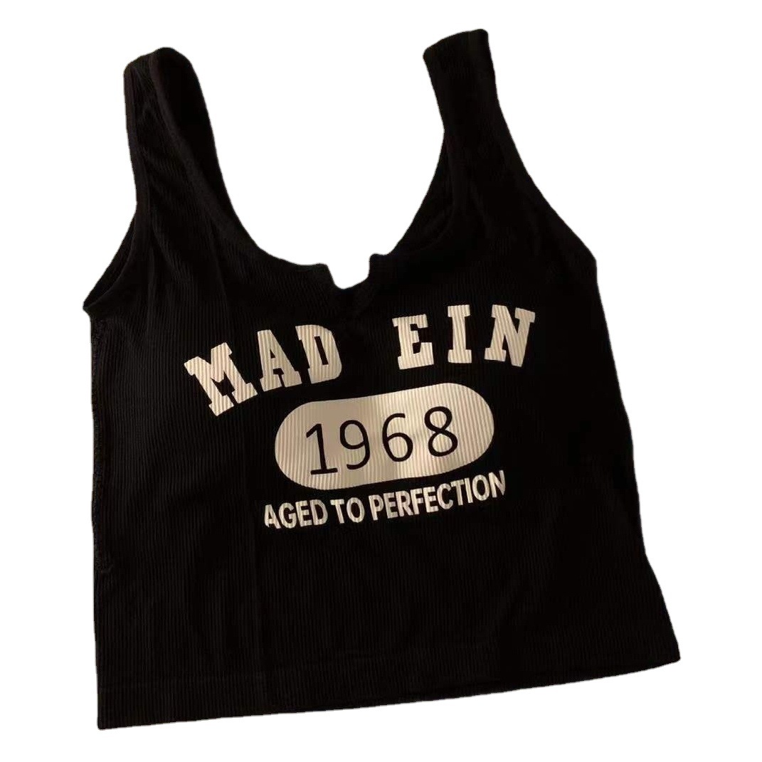 Principios de la primavera nueva 1968 carta de impresión interior y exterior desgaste de una sola pieza fija Copa sin costuras de hombro ancho pequeño Chaleco con cuello en V para las mujeres