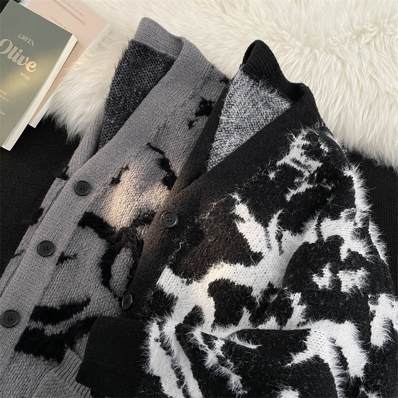 국경 간 틈새 모방 밍크 스웨터 재킷 남자 겨울 빈티지 느슨한 게으른 V-넥 니트 카디건