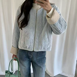 韩版圆领短款丝绒小棉服女2026秋冬新款小个子薄棉衣百搭夹棉外套
