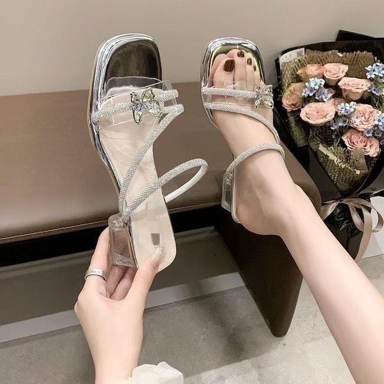 Hermosas sandalias de diamante de hadas con falda 2026 verano nuevo arco brillante cristal zapatillas de talón grueso image 6