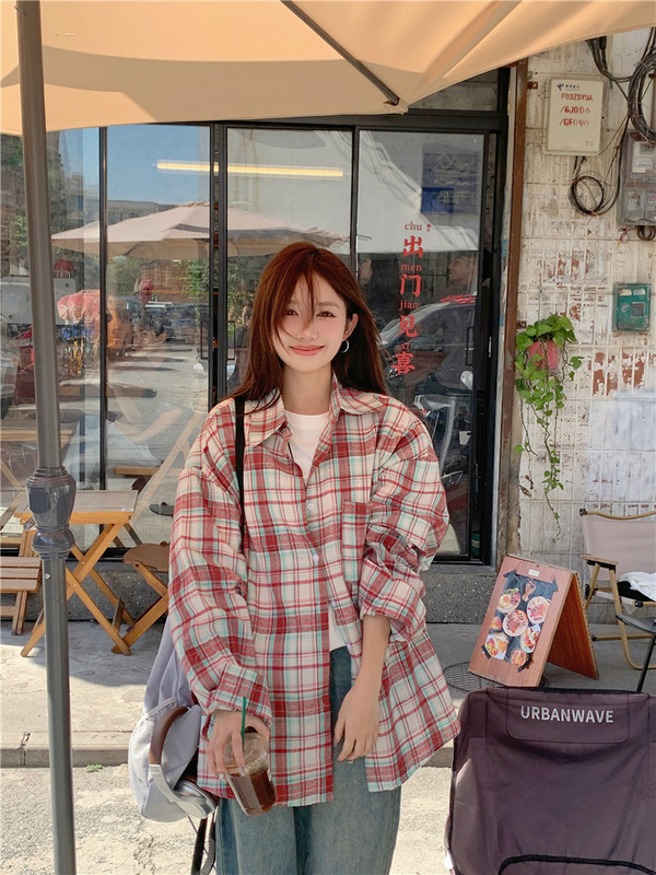 韓国版の新型のゆったりした長袖の格子のシャツの婦人服の春と秋のカジュアルな怠惰なシャツの上着の女性の上着|undefined