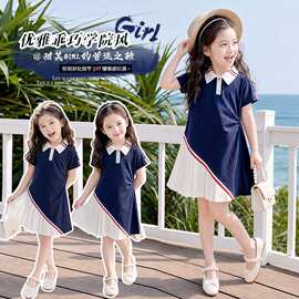 女童夏季翻领短袖连衣裙网红新款时尚学院风假两件百褶公主裙子