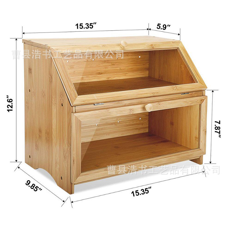 Caja de pan de bambú de dos niveles en stock, caja de pan de madera maciza con puerta corredera desmontable, caja de almacenamiento de cocina de tres niveles con cajones.