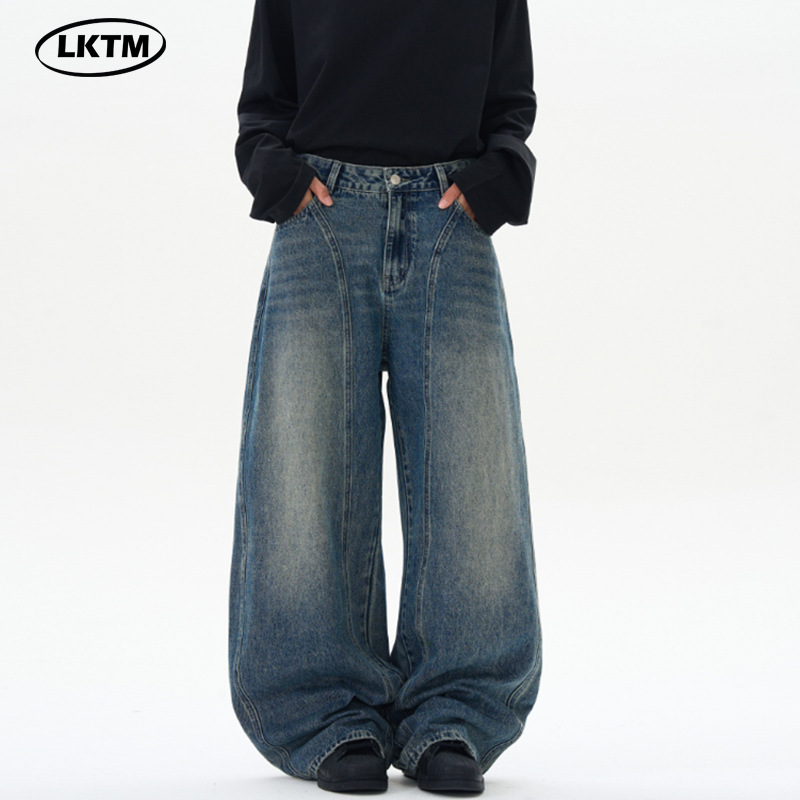 LKTM Men's# American Vintage Washed Old Stitching Scimitar Jeans Men's and Women's Trendy Brand Loose Sickle Pants LKTM Men's# American Vintage Washed Old Stitching Scimitar Jeans Men's and Women's Trendy Brand Loose Sickle Pants