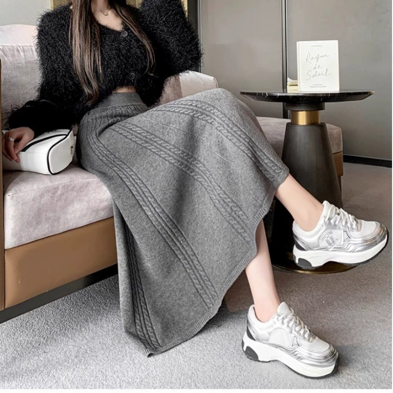 KANING Вязаная шерстяная юбка-миди, осень/зима 2025, новая утолщенная плиссированная юбка с широким подолом.