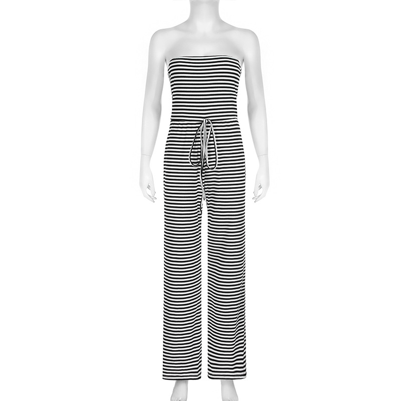 Striped Color Matching Horizontal Bra Lace up Long Mop Casual Pants Jumpsuit Trousers
