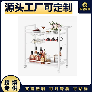 家用双层铁艺酒水推车带酒杯架酒瓶收纳 客厅移动餐车带轮推车