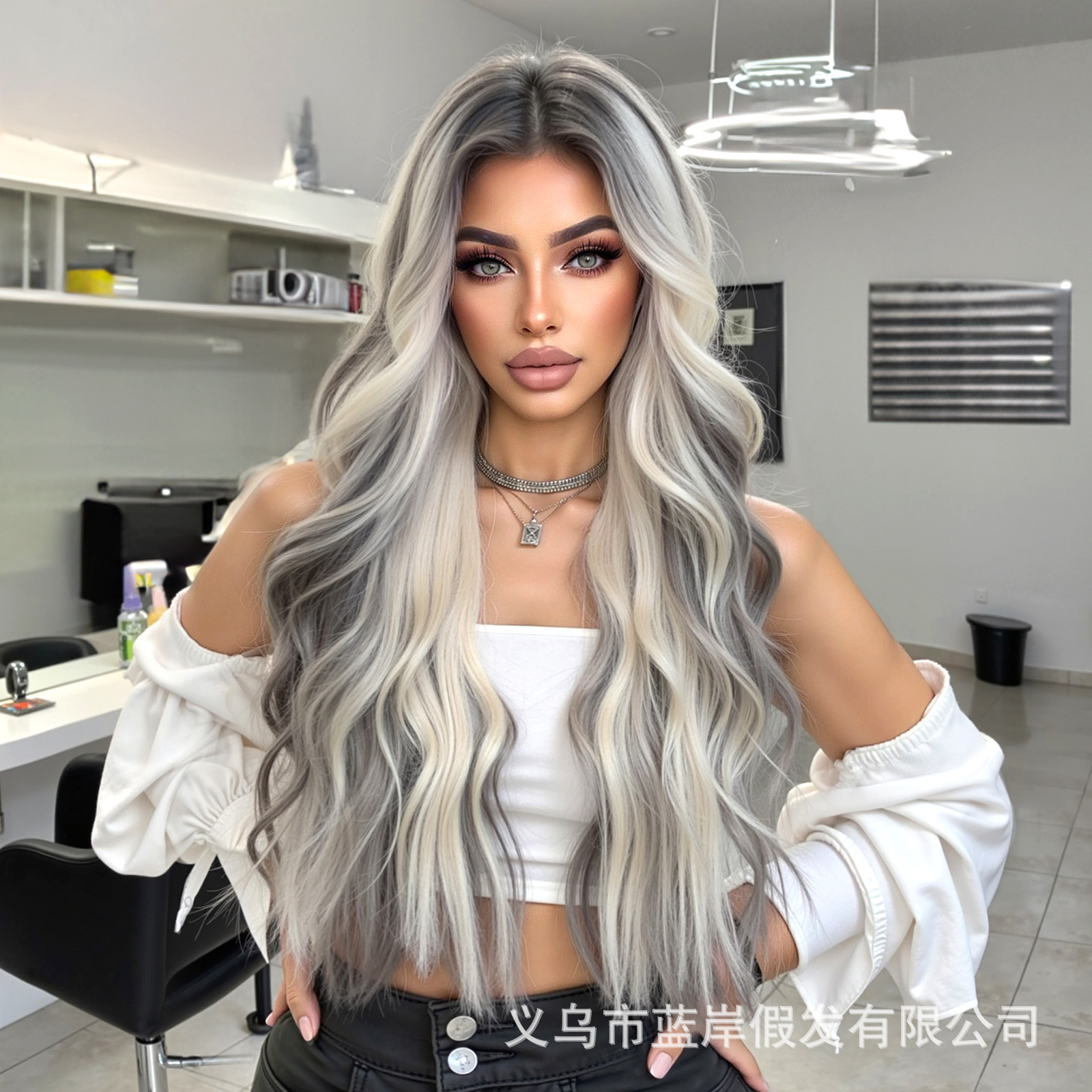 Peluca transfronteriza europea y americana para mujer, cubierta completa para la cabeza, parte media tejida a mano, color tinta, cabello largo y rizado de moda, pelucas de cabello de fibra química