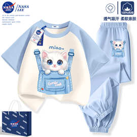 NASA女童夏套装2025新款洋气时髦短袖防蚊裤儿童运动服两件套批发