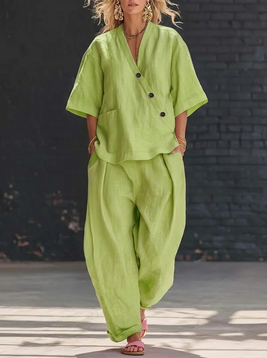 Women's Clothing Women's Solid Color Summer Set V Neck Short Sleeve Top And High Waisted Trousers Two Piece Style Clothing_ecoleips.com