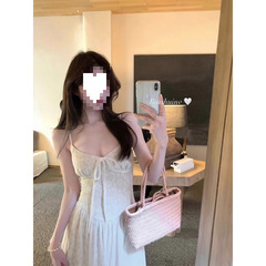 女性アイスジェイドホワイトティーVネック花柄サスペンダースカート女性初春ピュアスタイルリラックス感着用ドレス