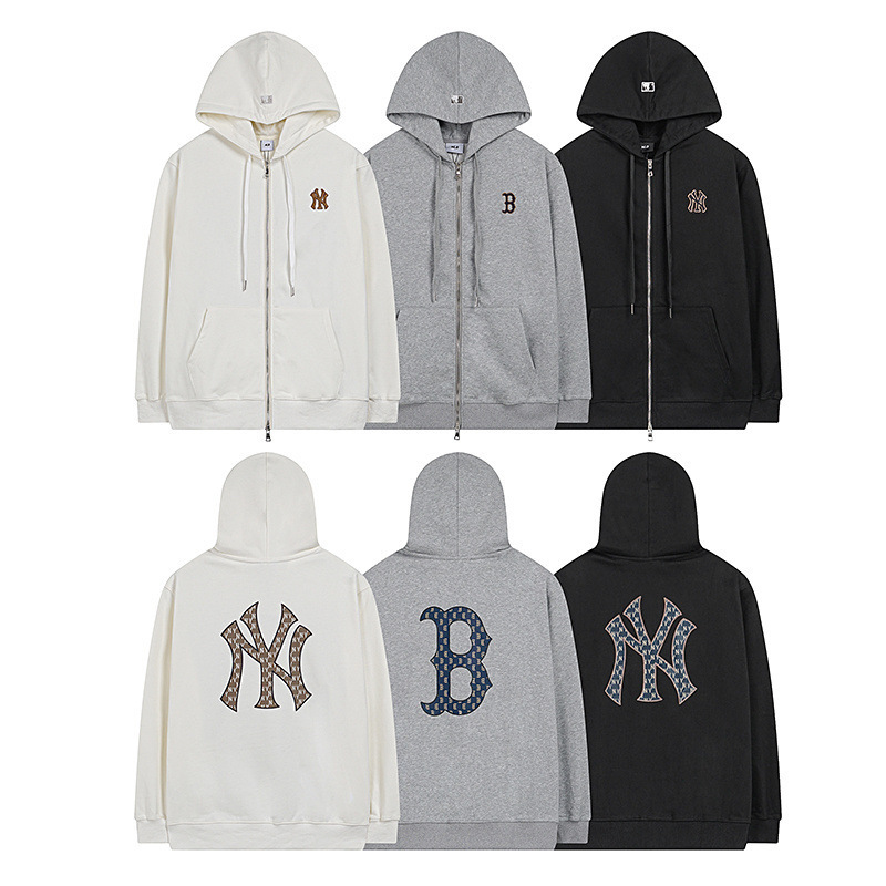 Korean Trend Autumn and Winter New Mlb Hooded Sweatshirt Retro Old Floral Back Letter Large Logo Print Cardigan Zipper Jacket