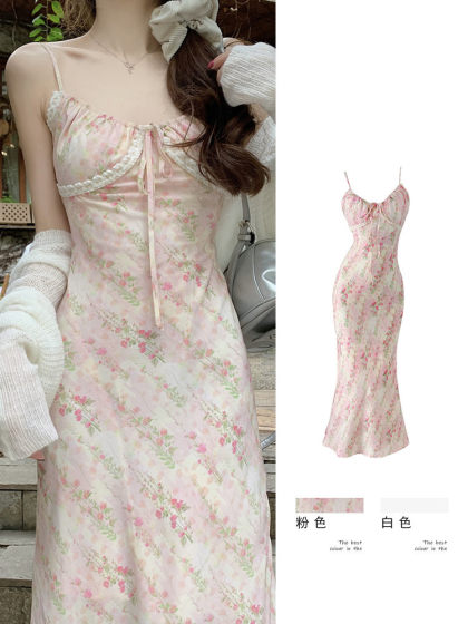 French Light Pink Sling Floral dress Women's New Holiday Style Elegant Long Dress Picture Color Literary Retro