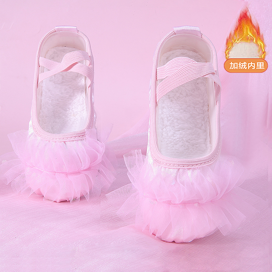 Autumn and Winter Fleece-Lined Thickened Indoor Dance Cotton Shoes for Practicing Ballet Cat Paw Children's Girls' Soft-Soled Ballet Lace