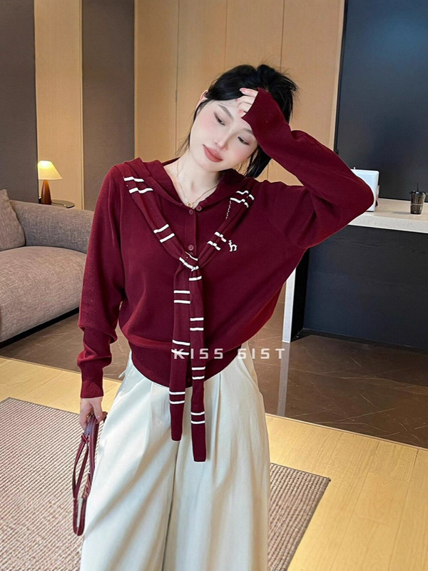 2025早秋新款女装设计感刺绣针织开衫毛衣甜美气质风连帽百搭上衣|undefined