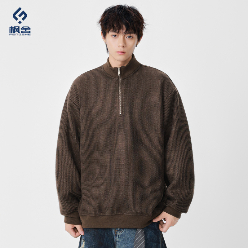 Men's Clothing / Knitted Sweatshirt for Men, New Spring and Autumn Pullover Zip-Up Half-Cardigan, Japanese Retro Couple's Top Men's Clothing / Knitted Sweatshirt for Men, New Spring and Autumn Pullover Zip-Up Half-Cardigan, Japanese Retro Couple's Top