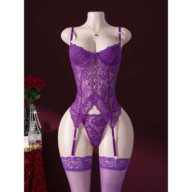 New European and American Style Sexy Lingerie with Hollow-Out Purple Lace, Slim-Fitting and Sexy One-Piece Outfit Set New European and American Style Sexy Lingerie with Hollow-Out Purple Lace, Slim-Fitting and Sexy One-Piece Outfit Set