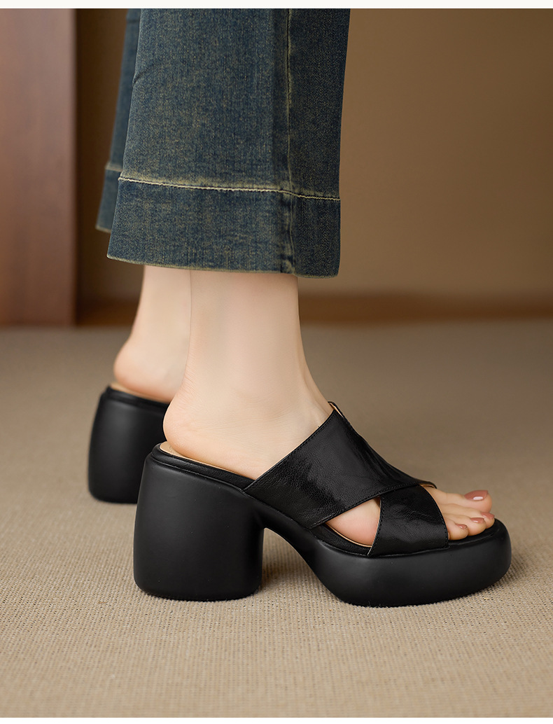 Sandal cao gót nữ quai chéo hở mũi đế platform đế dày gót 9 cm — màu đen, màu trắng ngà chi tiết 10