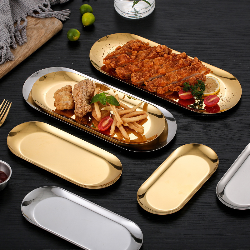 Nordic Ins Jewelry Storage Plate Dim Sum Dessert Plate Barbecue Golden Towel Plate Outdoor Stainless Steel Oval Plate