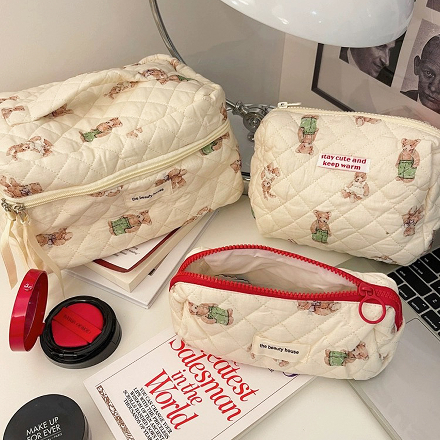 Bosque oso serie bolsa de cosméticos bolso Mori estudiante de algodón de gran capacidad de almacenamiento bolsa de embrague acolchado